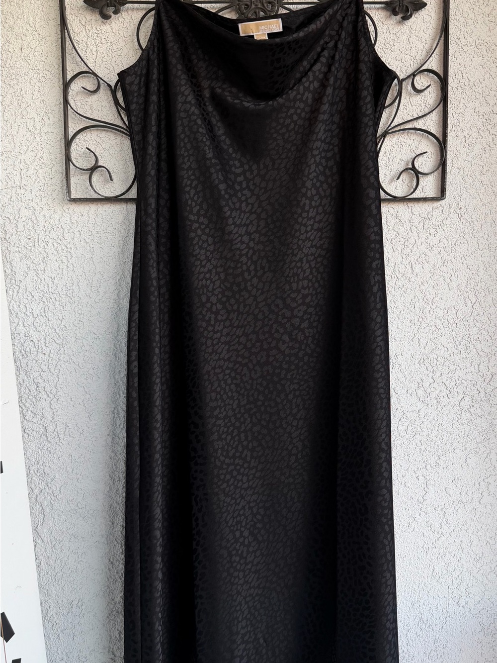 Michael Kors Black Satin Slip Midi Dress with Subtle Animal Jacquard